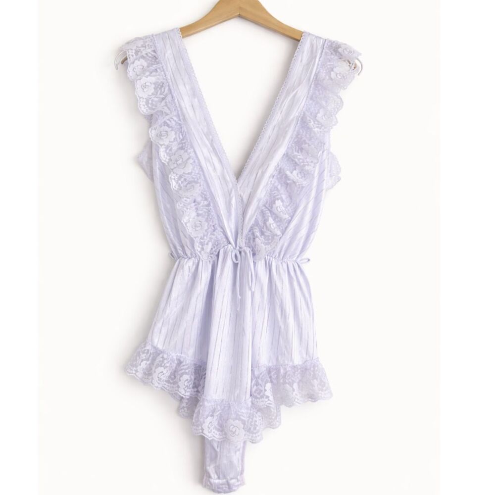 Vintage 80s Lace Satin Teddy Bodysuit Nighttime Creations Medium Coquette